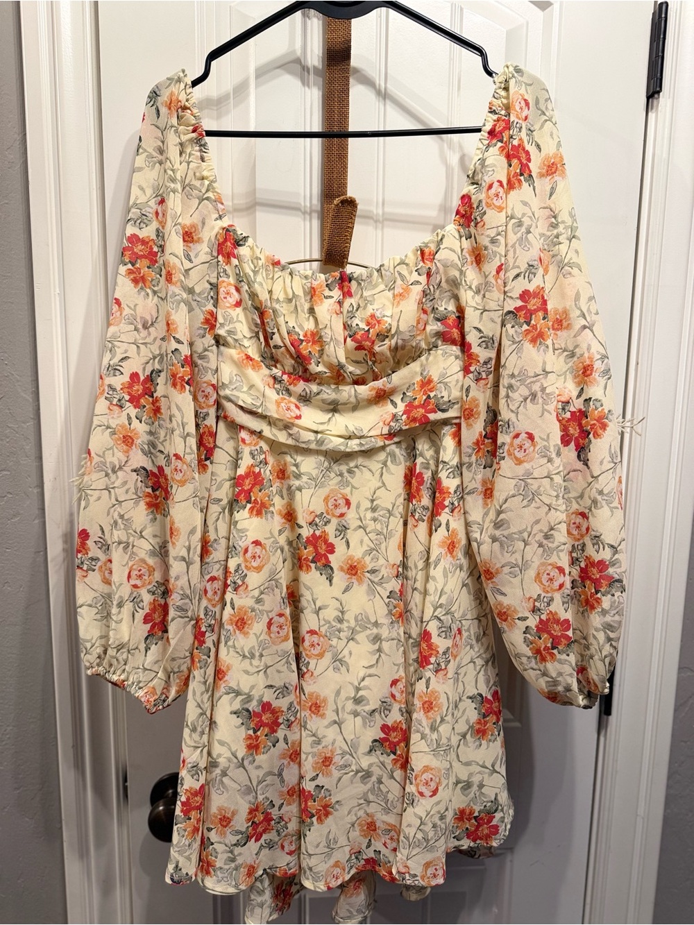 Blush Cream Mini Dress with Red & Orange Floral Print